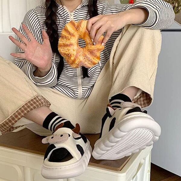 Cow Shhhandals Slippers | Unisex Linen Waffle Knit Plush Animal Slides | Multiple Sizes - Image 3