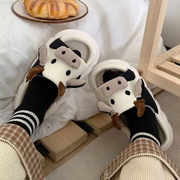 Cow Shhhandals Slippers | Unisex Linen Waffle Knit Plush Animal Slides | Multiple Sizes - Image 5