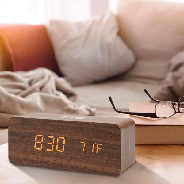 LumbrTime Wood Finish LED Clock With Wireless Induction Phone Charger - Image 3